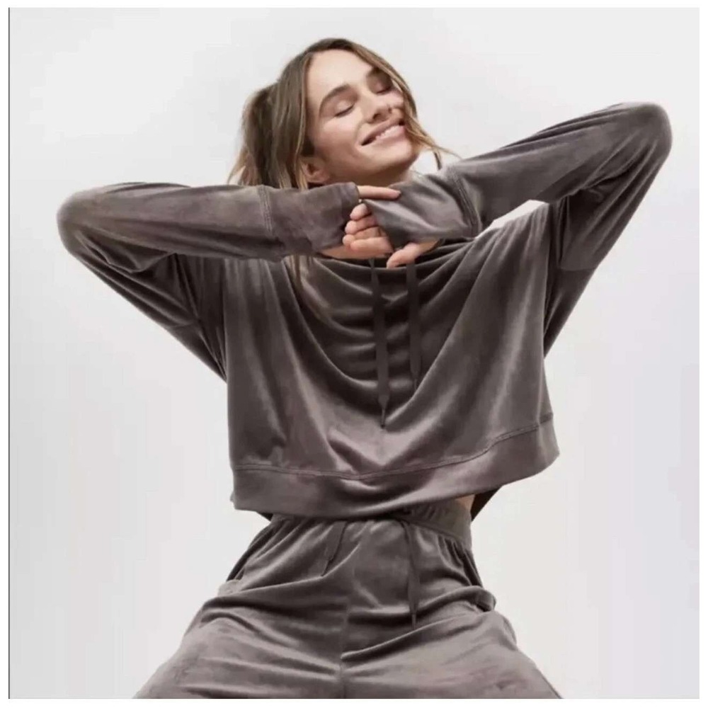 Aerie Offline Women's Dark Grey Hooded Velour Cropped Sweatshirt‎